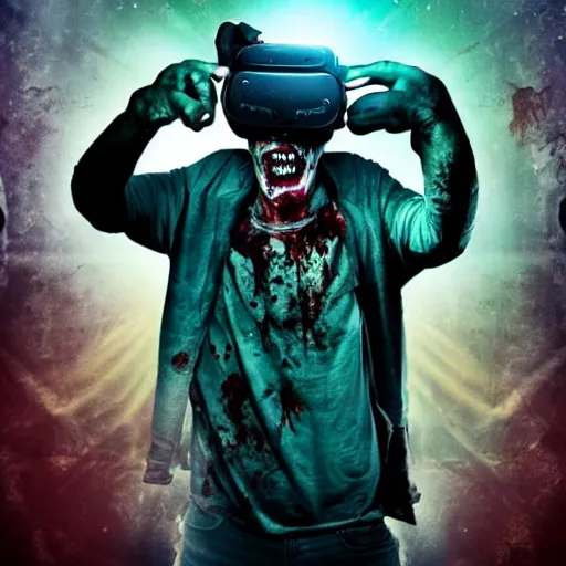 Prompt: zombie wearing vr, movie poster, text reads zombie