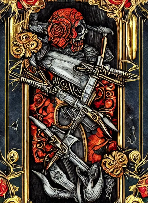 Image similar to tarot card :: horror :: killer gun :: blood and roses :: gold and silver carvings :: metallic :: by Yurtsev and Darkchylde