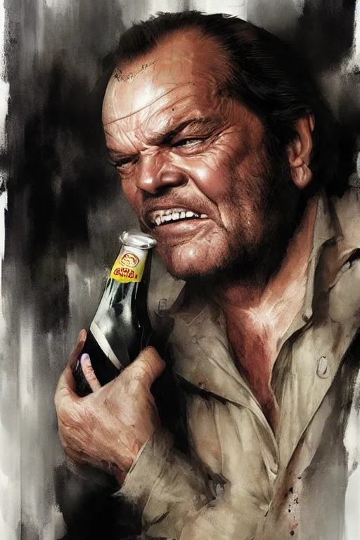 Prompt: a bottle of jack nicholson, jack nicholson is the bottle, jack is in the bottle, by artgerm, ruan jia, greg rutkowski