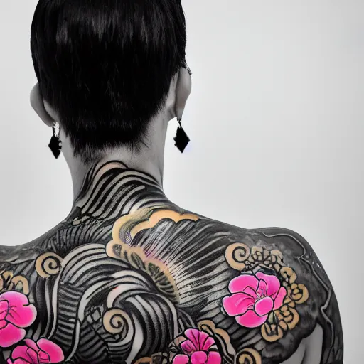 Image similar to photography of the back of a woman with a black detailed irezumi tatto representing a gold tiger with pink flowers on her entire back, dark hangar background, mid-shot, editorial photography