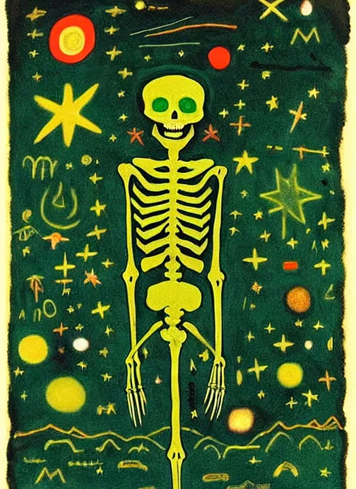 Image similar to wonky alien skeleton cook with knives in a dark green cloudy night sky with golden foil stars, occult symbols and tears, mountain lake and blossoming field in background, painted by mark rothko, helen frankenthaler, danny fox and hilma af klint, very pixelated, naive, expressionism