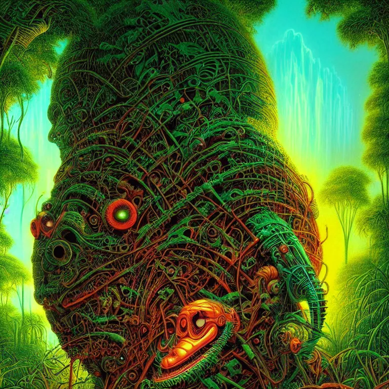 Image similar to mysterious biomechanical big head crashed in dense humid jungle, infinite psychic waves, synthwave, bright neon colors, highly detailed, cinematic, tim white, vladimir kush, philippe druillet, roger dean, bob eggleton, michael whelan, boris vallejo, alfred kelsner, kubrick, jaroslaw jasnikowski