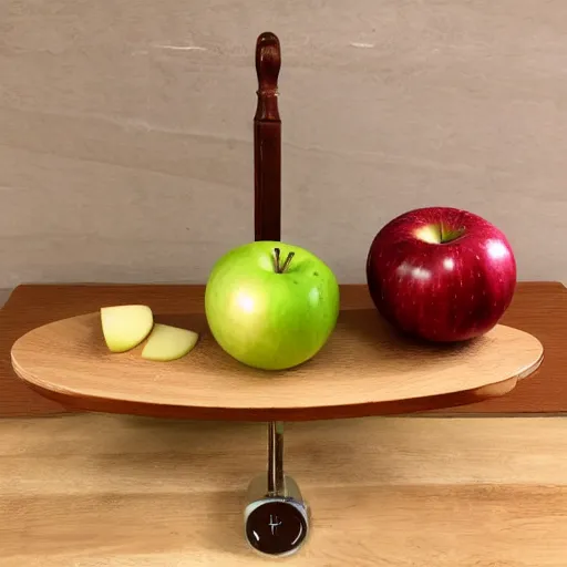 Image similar to set of balance scales with one apple in one side and one onion in the other