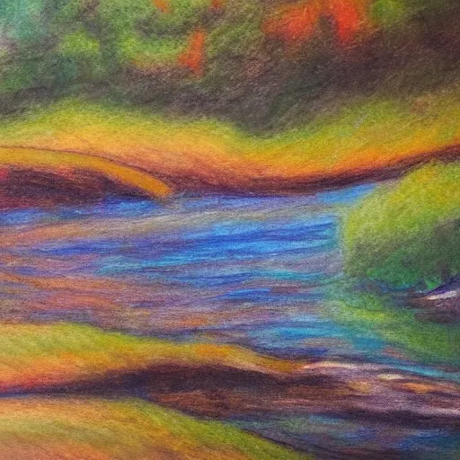 Image similar to a beautiful impressionist painting of a winding river, colored charcoal drawing on canvas