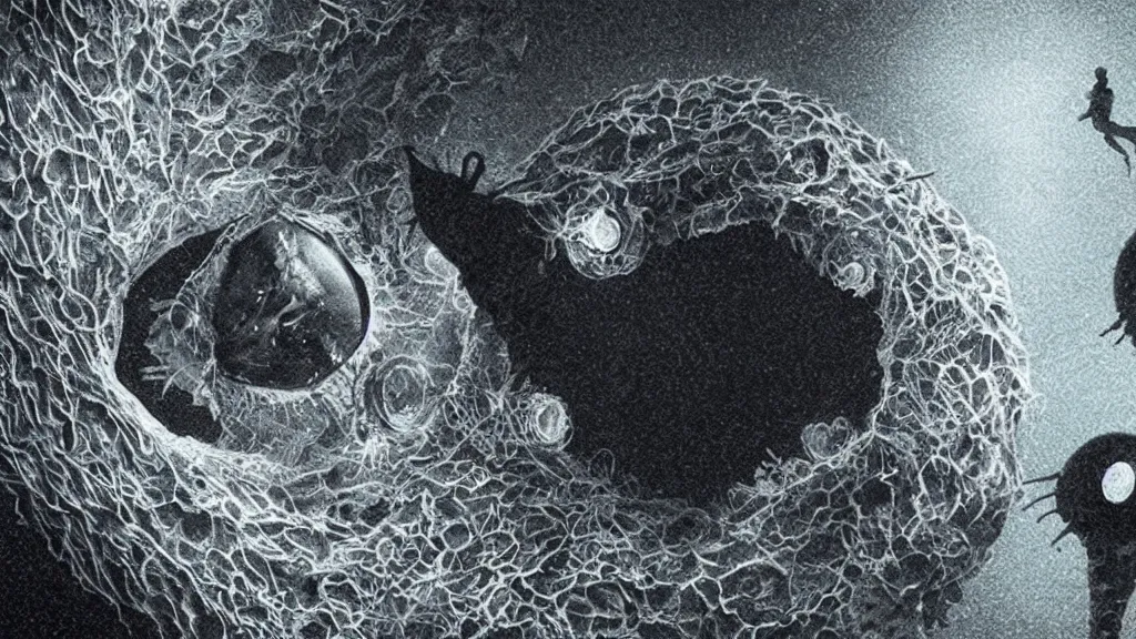 Image similar to a beautiful microscopic scientific photo of a coronavirus and a strange life form seen through an electron microscope, dark, sinister, detailed, art by Greg Rutkowski