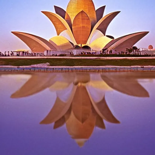 Prompt: futuristic gold, red and white marble lotus temple in the desert, by buckminster fuller and syd mead, intricate contemporary architecture, photo journalism, photography, cinematic, national geographic photoshoot