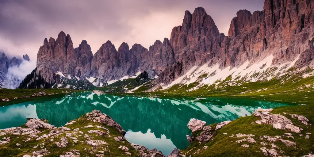 Prompt: extremely beautiful alpine scenery at sunrise, dolomites, calm lake in foreground, intricate details, foggy skies