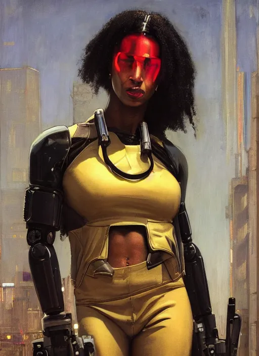 Image similar to Juliana Igwe. Buff Cyberpunk policewoman with robotic stilt legs. (Cyberpunk 2077, bladerunner 2049). gorgeous face. Patrolling at night. Iranian orientalist portrait by john william waterhouse and Edwin Longsden Long and Theodore Ralli and Nasreddine Dinet, oil on canvas. Cinematic, vivid colors, hyper realism, realistic proportions, dramatic lighting, high detail 4k