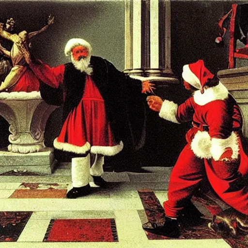 Prompt: Father Christmas throws confetti on a marble floor Painted by Caravaggio