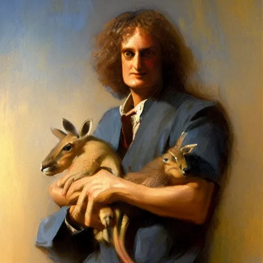 Prompt: portrait of isaac newton holding a baby kangaroo, artwork by gaston bussiere, craig mullins, trending on artstation