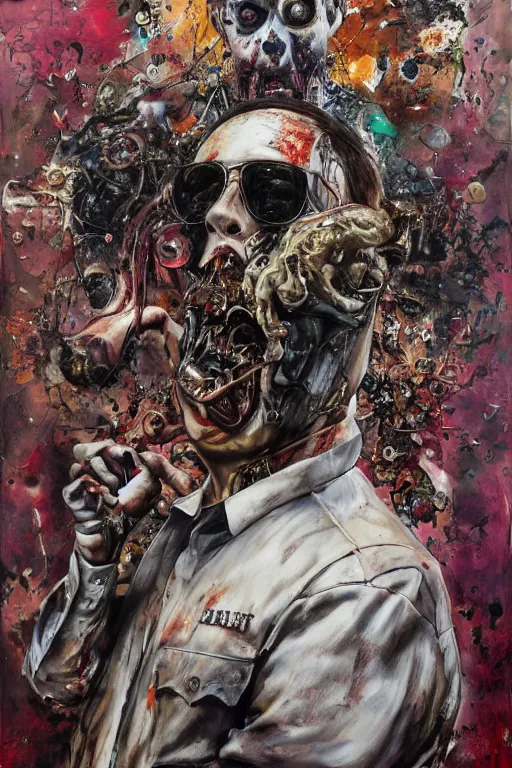 Image similar to paul blart full body shot, hyper - realistic oil painting, body horror, biopunk, by ralph steadman, francis bacon, hunter s thompson