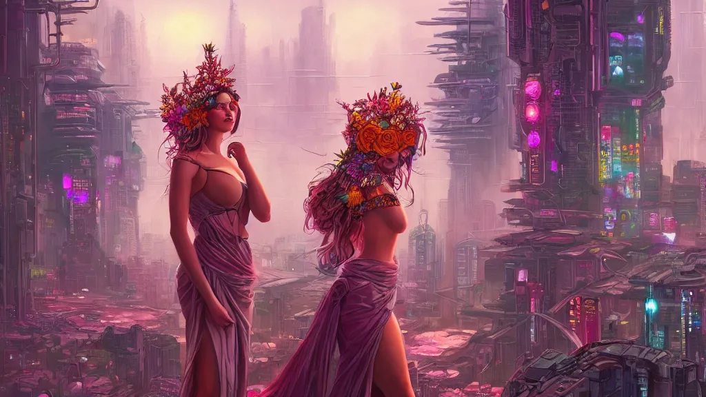 Prompt: a beautiful 4K portrait painting of a flower goddess in a sensual pose, in the style dan mumford artwork, in the background a futuristic cyberpunk city is seen.