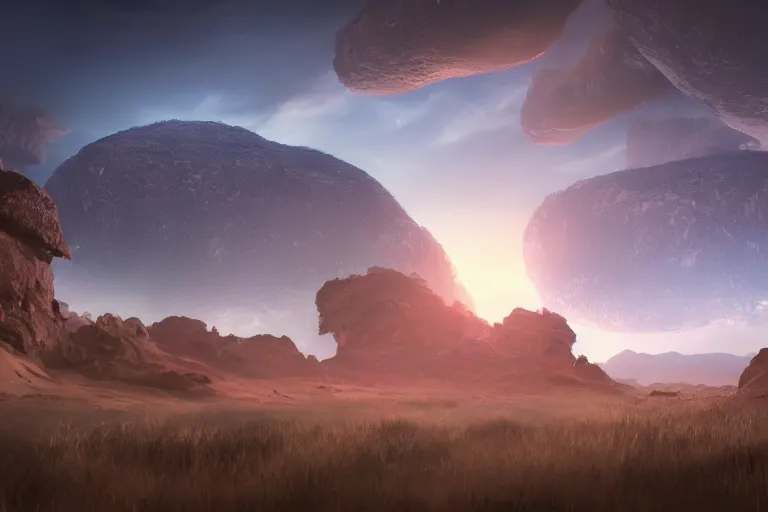 Image similar to Landscape of a beautiful alien world. Cinematic lighting. Photorealism.