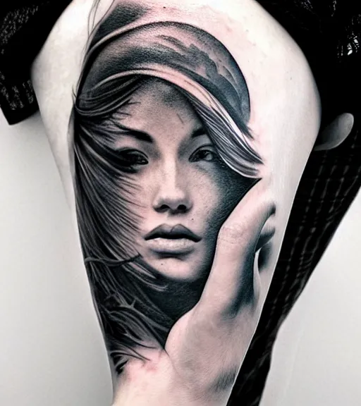 Image similar to tattoo design sketch of an extremely beautiful woman face with a faded background of beautiful mountains on her side, hyper - realistic, double exposure effect, in the style of matteo pasqualin, amazing detail, black and white, faded