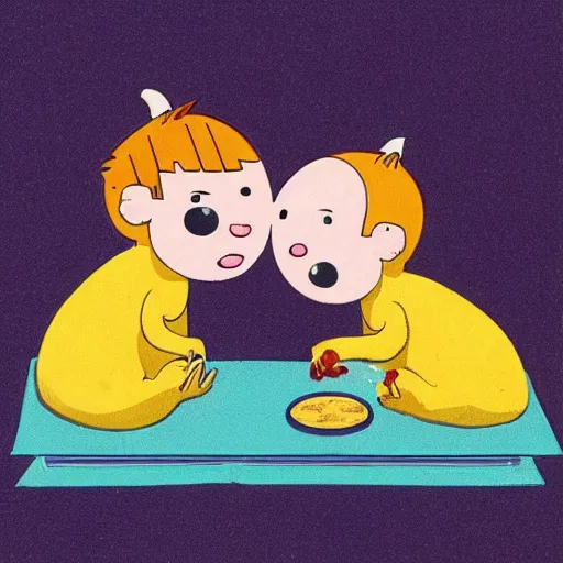 Prompt: two monster babies eating moldy cheese together children’s book