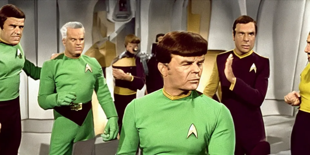 Image similar to a scene from Trouble with Tribbles, an episode of the original Star Trek series, with The Hulk in Starfleet uniform, in the role of Captain Kirk