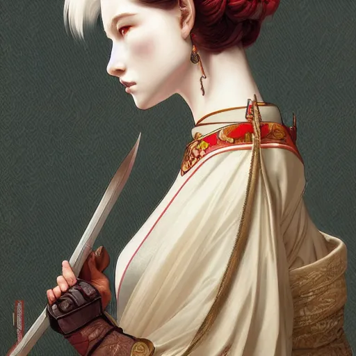 Prompt: a portrait of a beautiful tall and feminine albino supermodel maiko samurai armor, highly detailed, digital painting, artstation, concept art, sharp focus, illustration, art by artgerm and greg rutkowski and alphonse mucha