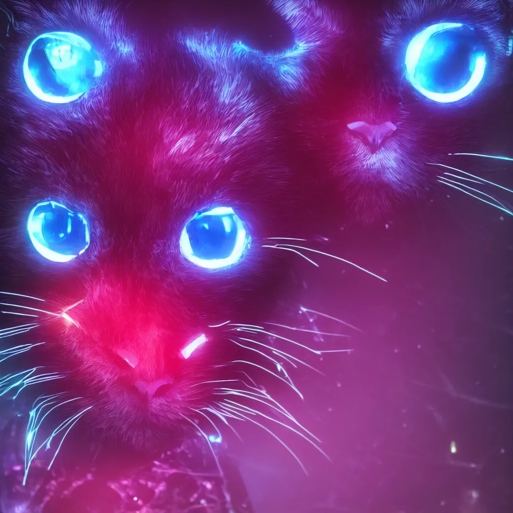 Image similar to cyber cat, cyber neon lighting, glowing eyes, futurism, hyper photorealistic, crispy quality, digital photography, trending in artstation, cinematic, beeple, 4 k ultra hd