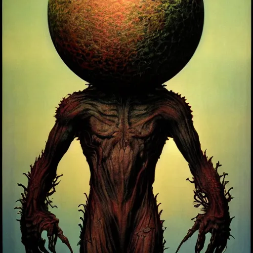 Prompt: horror creature holding planet by Wayne Barlowe, detailed 4k