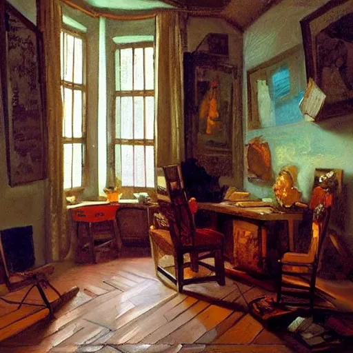 Image similar to a cozy little office nook, dmitry spiros, leonardo da vinci, jacques - louis david, johannes vermeer, 8 k, wide angle,