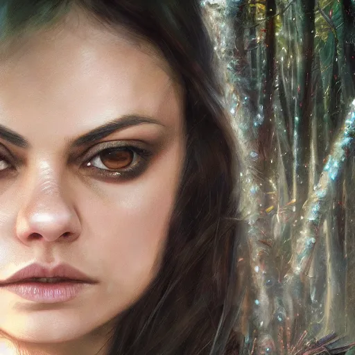 Prompt: a beautiful closeup portrait of mila kunis, magical forest background, serene colors, dramatic light, gorgeous view, depth, high detail, digital art, painted by seb mckinnon and greg rutkowski, trending on artstation