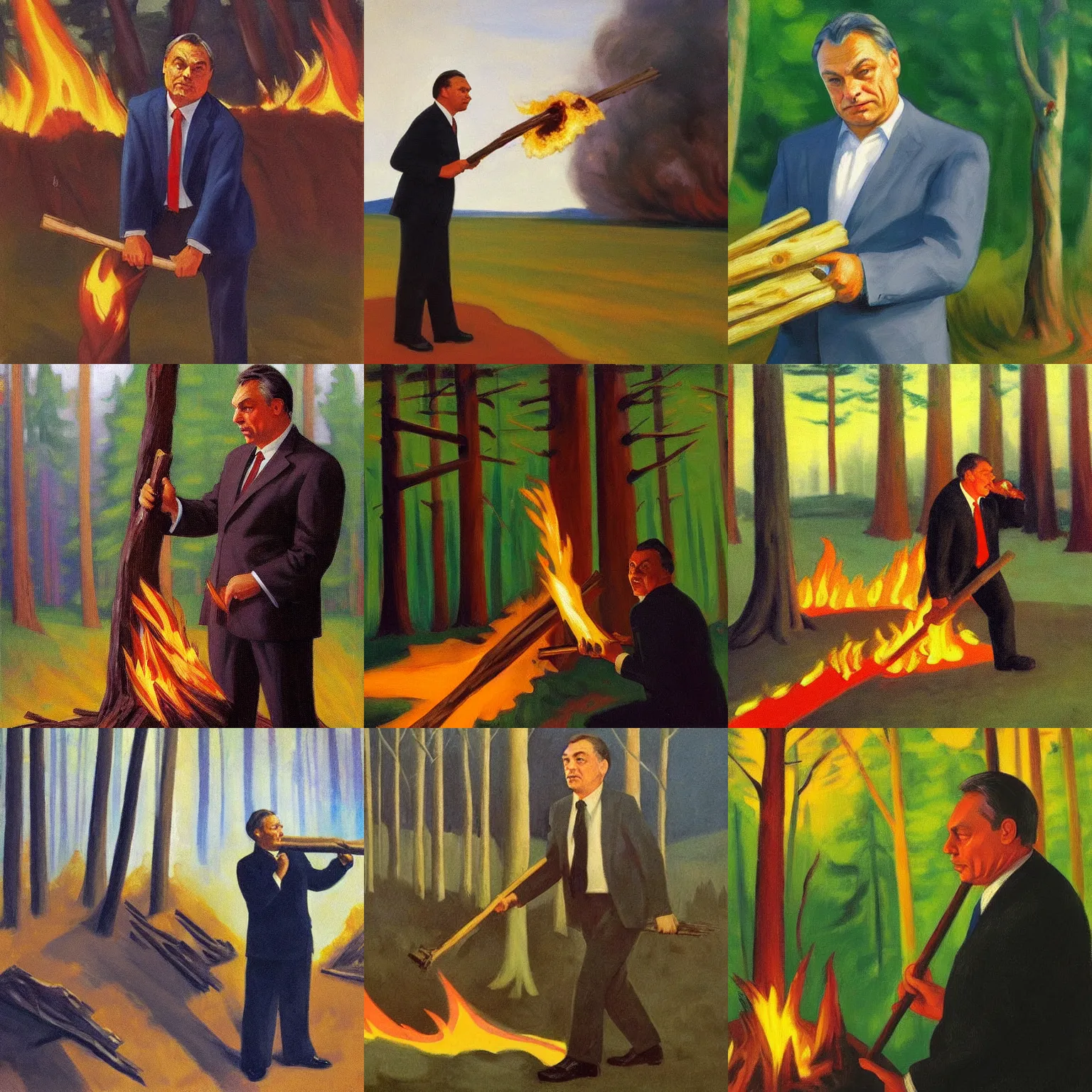 Prompt: viktor orban burning down a forest, holding a wood piece, highly detailed face, by edward hopper
