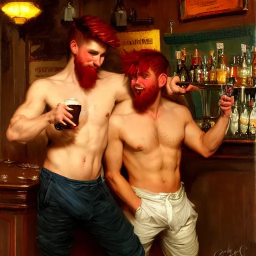 Image similar to attractive maculine male with red hair and attractive masculine male with black hair. pants and shorts, drinking their hearts out, having fun, in a pub. highly detailed and very defined painting by gaston bussiere, j. c. leyendecker, craig mullins 8 k