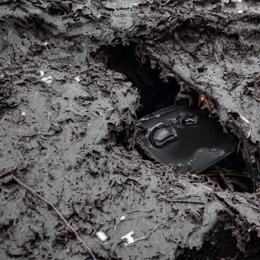 Image similar to mysterious black slime, black gooey liquid leaking out of crashed cargo ship, apocalyptic, ruined, 8 5 mm f / 1. 4