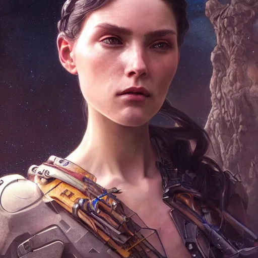 Image similar to portrait painting of a futuristic rugged female rebel, alien world, colonisation, ultra realistic, concept art, intricate details, eerie, highly detailed, photorealistic, octane render, 8 k, unreal engine. art by artgerm and greg rutkowski and alphonse mucha