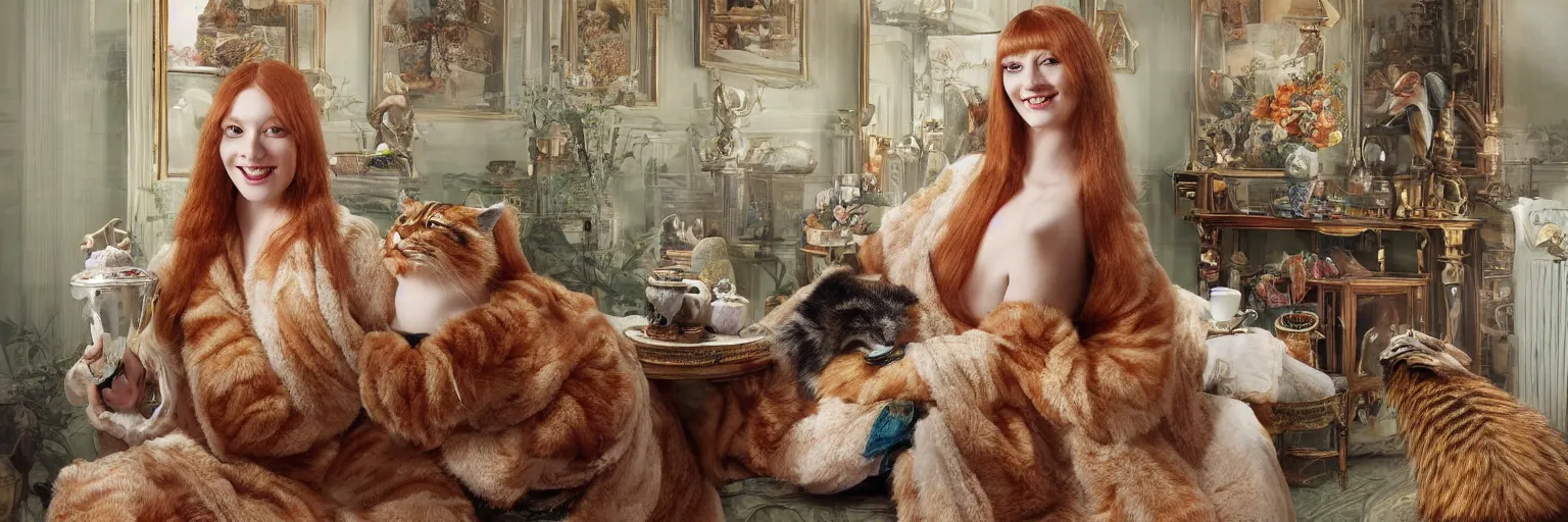 Prompt: a stunning hyper-detailed photorealistic painting of a solitary slender beautiful smiling woman with long ginger hair and bangs, wearing a luxurious silk robe, wearing headphones and posing with her large ginger tabby cat and her raccoon and parrots in an overstuffed easy chair in her sunlit victorian living room, holding a porcelain parrot-shaped coffee mug and a donut, perfect eyes, fashion photography, cinematic lighting, octane render, IBEX Masters, unreal engine, 85 mm lens,