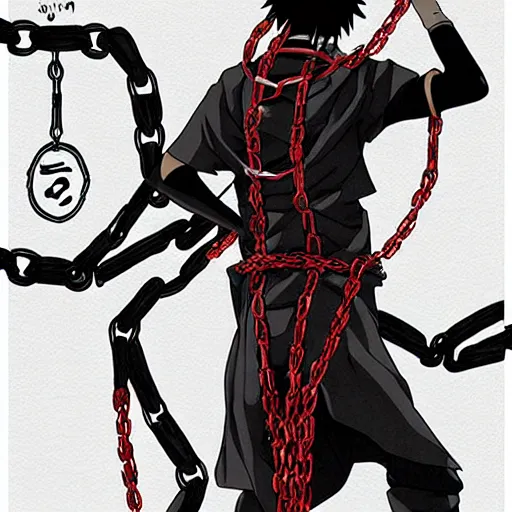 Image similar to A FULL BODY PORTRAIT FROM BEHIND OF UCHIHA ,THE MAN KEEPS A KUSARIGAMA AND IT IS WRAPPED IN CHAINS ,detailed, concept art, ink style , sketch