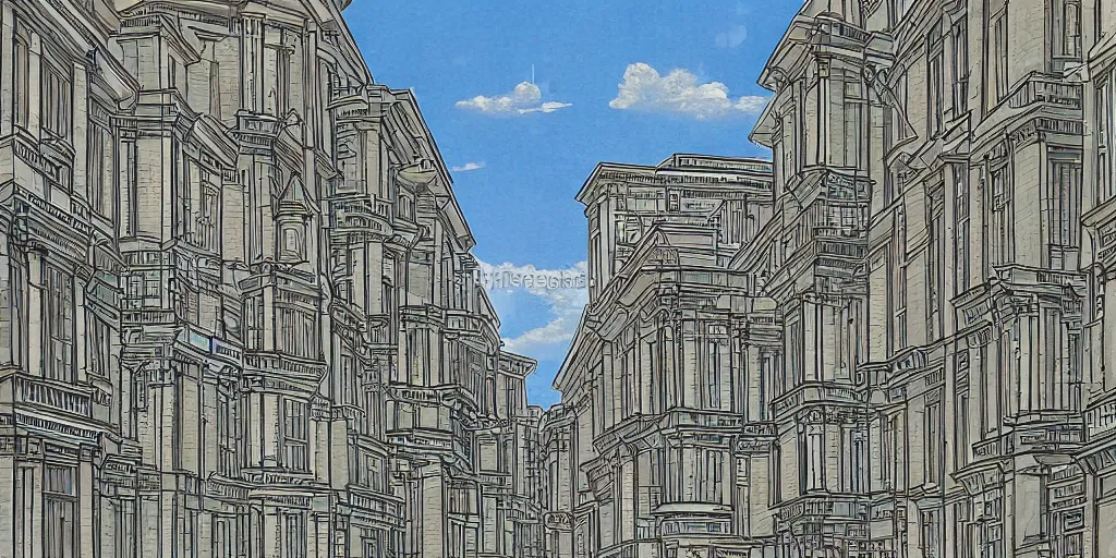 Prompt: grid city from street level built in exclusively neo - classical style artist drawn 1 9 th century