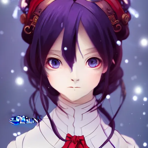 Image similar to wearing full clothing in full clothing victorian dress, beautiful anime woman, purple hair, red eyes, weapon, steampunk, symmetrical face, symmetrical eyes, full round face, short smile, detailed, winter setting, cinematic lighting, medium shot, mid - shot, makoto shinkai, artgerm, ilya kuvshinov, loish