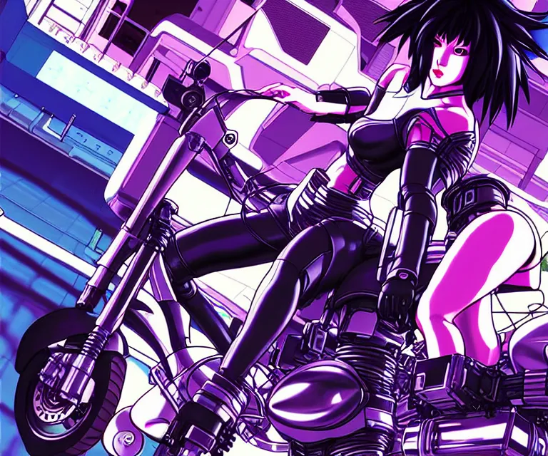 Image similar to motoko kusanagi riding a cyberpunk vehicle in a grungy cyberpunk megacity, bosozoku gang war, cyberpunk vaporwave, by phil jimenez, artgerm, sola digital arts, anti aliasing, raytracing