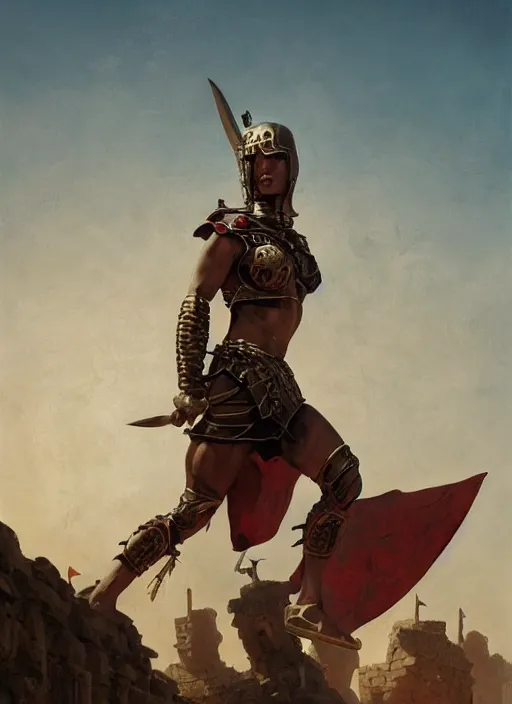 Prompt: hyper realistic photo of roman gladiator girl, full body, rule of thirds, conceptart, saturated colors, cinematic, greg rutkowski, brom, james gurney, mignola, craig mullins, artstation, cgsociety