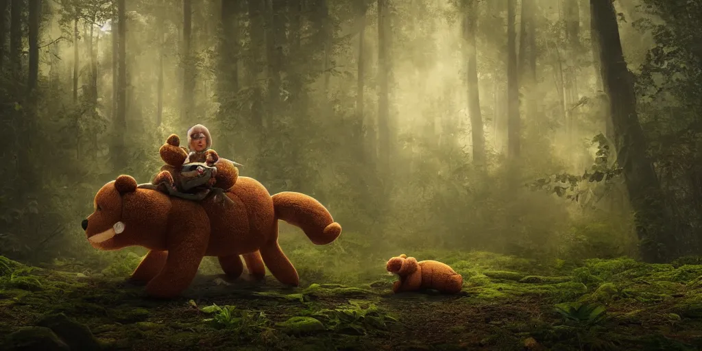 Prompt: a giant ant is riding a giant teddy bear in a forest, moody, cinematic light, matte painting, concept art, highly detailed, fantasy art, 8k