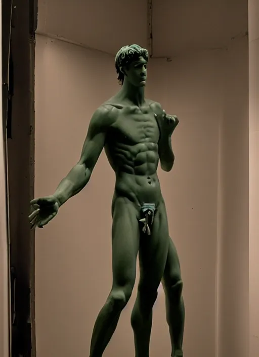 Image similar to an android with an adult male human looking face is the statue david by michelangelo, polaroid, flash photography, photo taken in a back storage room where you can see empty shelves in the background,