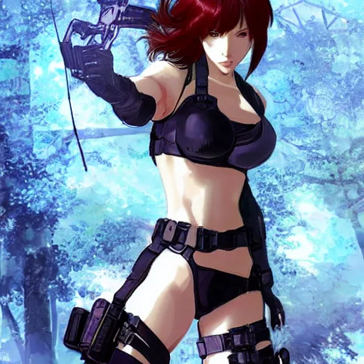 Image similar to concept art illustration of young japanese christina hendricks natalie portman as lara croft motoko kusanagi anime protagonist, wearing tokyo harajuku street fashion combat warrior fantasy bikini, intricate, elegant, art by kim hyng tae, style of blade and soul, and rosstran, masamune shirow