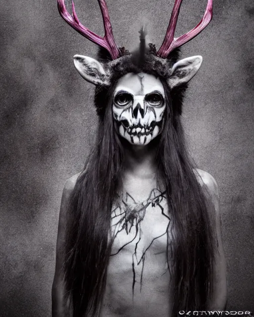 Image similar to deer - skull sisters ghost - spirit of the grim - warpaint wears the scarlet skull armor and native blood headdress antlers, midnight fog - mist!, cinematic lighting, various refining methods, micro macro autofocus, ultra definition, award winning photo, photograph by ghostwave - gammell - giger - shadowlord