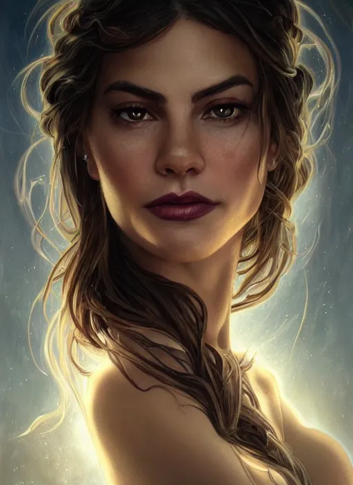 Image similar to Portrait of Sofia Vergara, white glowing eyes, fantasy, extremely detailed, digital painting, artstation, concept art, smooth, sharp focus, illustration, stunning lighting, art by artgerm and greg rutkowski and alphonse mucha and simon stalenhag, realistic character concept, high fantasy, light atmosphere, golden ratio, cinematic lighting, hyperdetailed, high resolution, insanely detailed and intricate, artstation, Marc Simonetti, Greg Rutkowski, 8k