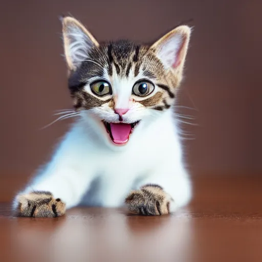 Prompt: a cute kitty cat doing a little dance while smiling, cute, adorable, wholesome, highly detailed, 4 k, 8 k, photorealistic