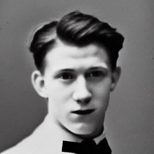 Image similar to headshot photograph of tom holland, 1 9 2 0 s, realistic face, 1 9 1 0 s photography, 1 9 0 0 s, grainy, slightly blurry