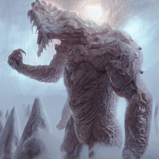 Image similar to A monster in the Arctic covered in snow, fractal Lighting, by Stanley Artgerm Lau, WLOP, Rossdraws, James Jean, Andrei Riabovitchev, Marc Simonetti, and Sakimichan, trending on artstation