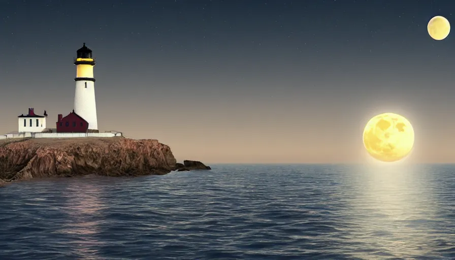 Image similar to a large full moon over a lighthouse out at sea, digital art, highly detailed, realistic, bright colors, 8 k