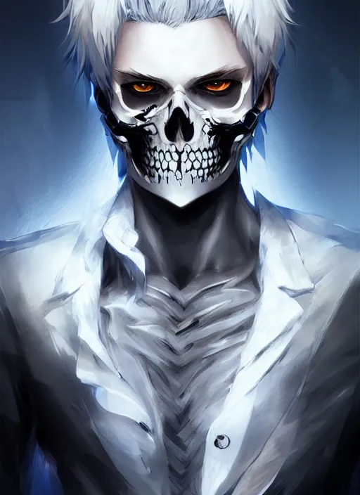 Image similar to highly detailed portrait art of a skull face boy, white hair, black and blue eyes, white shirt, ross tran, krenz cushart,, vd, intricate, digital anime art, sharp focus