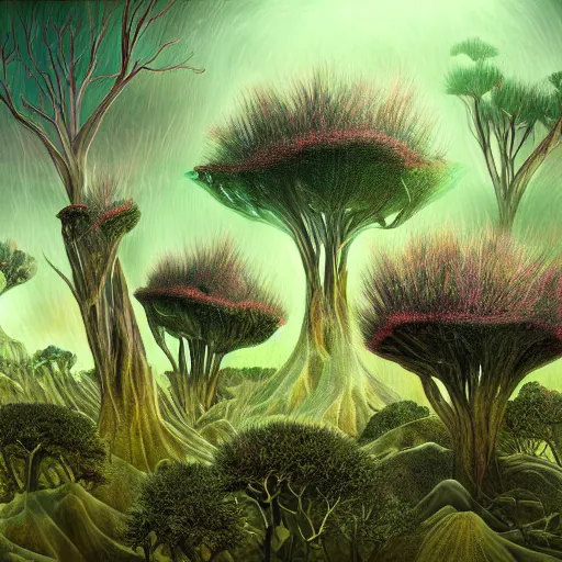 Image similar to a strange, otherworldly landscape with bizarre plants and animals, digital art, harsh lighting