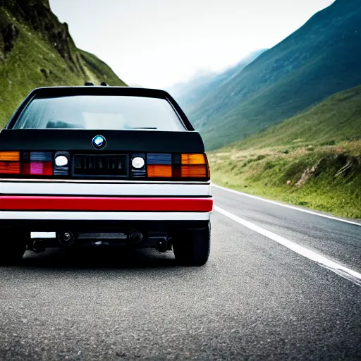 Image similar to a rear shot of a modified bmw e 3 0 with lights on a mountain road, motion blur, 3 5 mm photography, car photography, clean lines, realistic