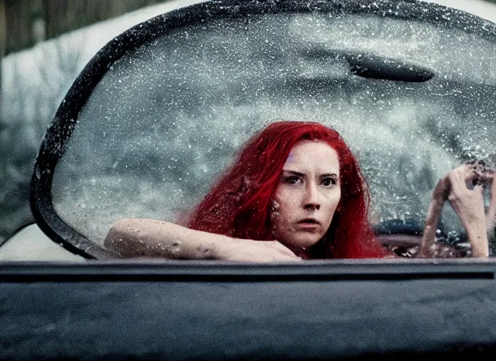 Image similar to A very high resolution image from a new movie, inside of a car, red hair woman, raining, hot, directed by wes anderson