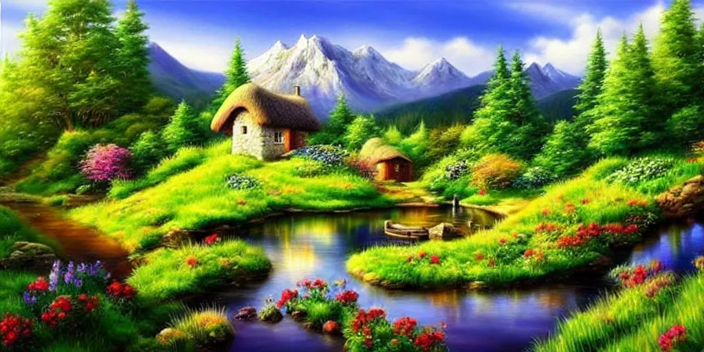 Image similar to a beautiful fantasy landscape, mountain in background, little cottage, small pond, some trees in the corner. hyper realism