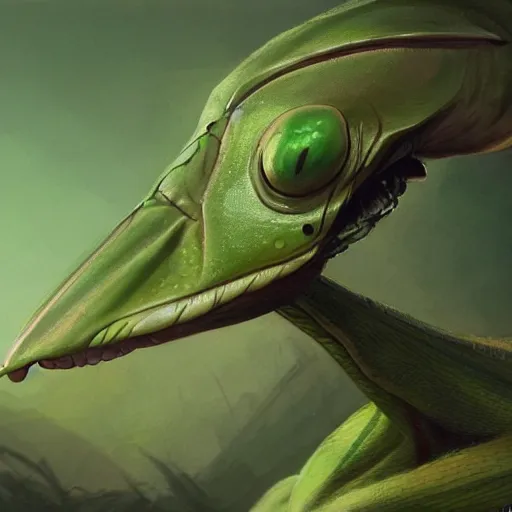 Image similar to mid - shot portrait of green anthropomorphic mantis religiosa ; hard predatory look ; concept art ; artstation ; 8 k ; wallpapers ; heavy contrast ; cinematic art ; cgsociety ; art by greg rutkowski and artgerm